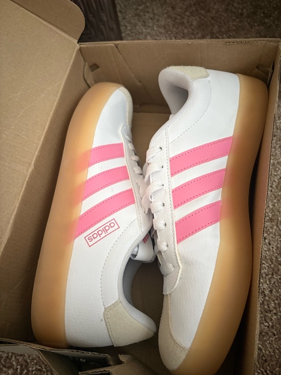adidas Shoes - adidas White Sneakers with Pink Stripes and Gum Sole